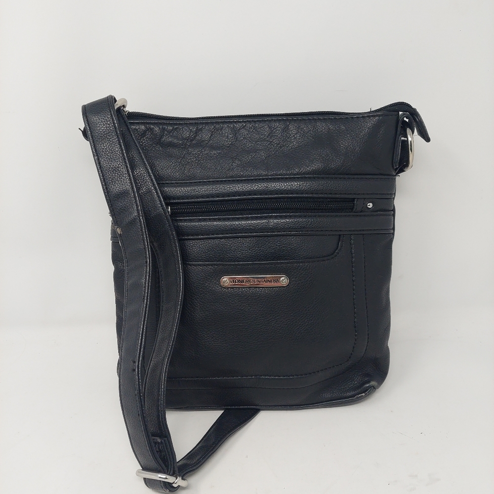 Stone Mountain Black Faux Leather Crossbody Bag Adjustable Strap Rectangular